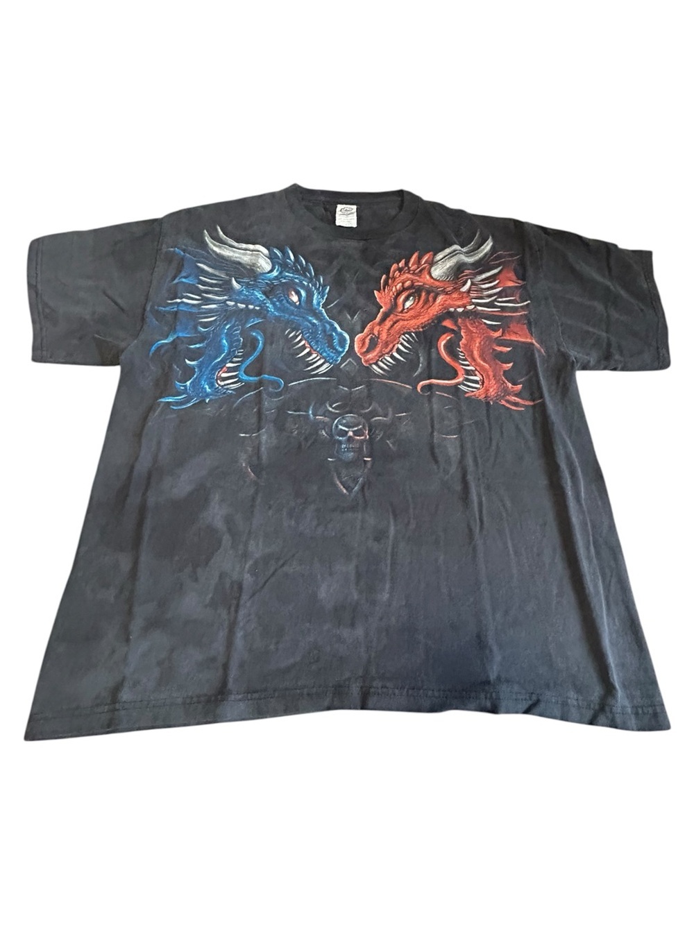 Vintage Dragon Graphic Tee Black Faded Skull Shirt Size L